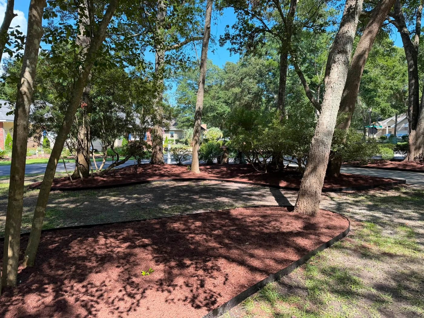 Landscaped front yard with fresh mulch and green grass